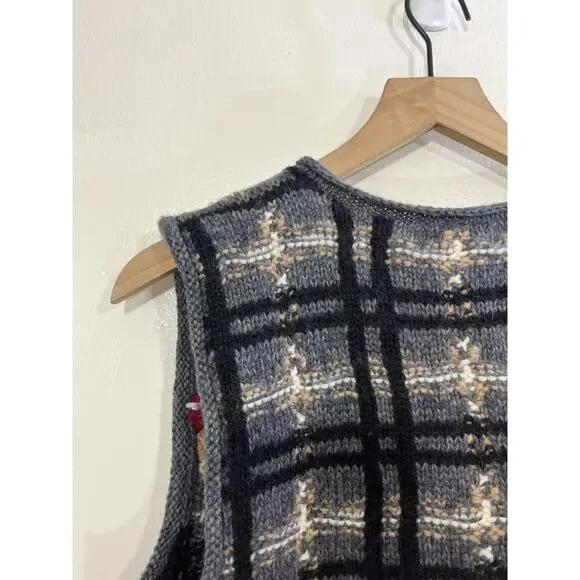 90s Cottagecore Grandma Wool Knit S Windowpane Plaid Vest Rustic Grunge Cozy Y2K - Picture 8 of 12